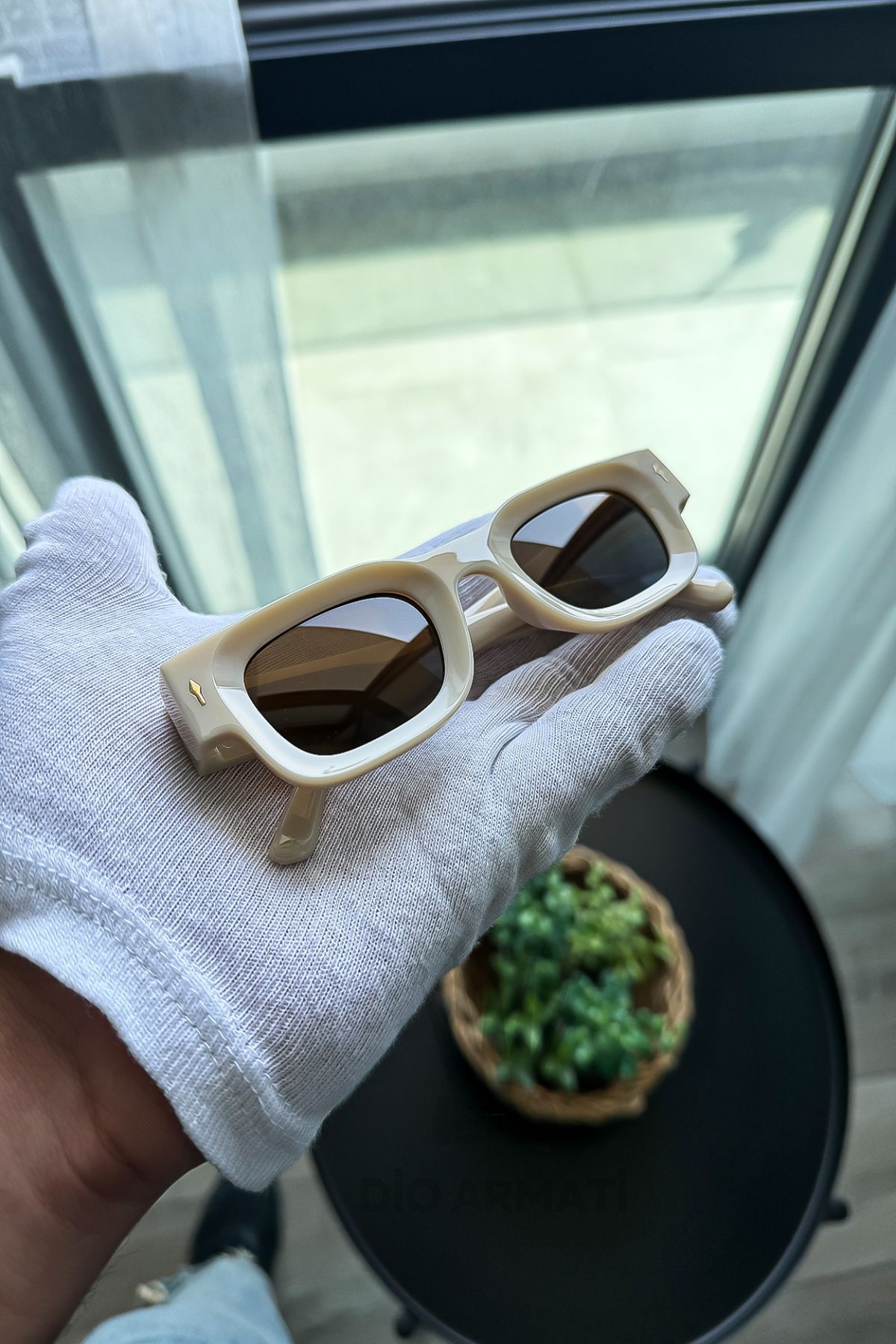 Güneş Gözlüğü Kadın & Erkek Uv400 Cam Ce Belgeli Bej Unisex Model-21 Krem